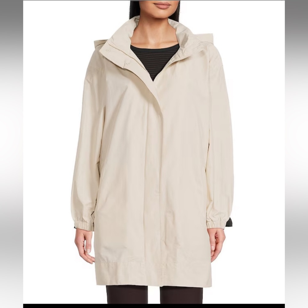 NWT Eileen Fisher
Organic Cotton Blend Stand Collar Long Sleeve Hidden Hood Coat